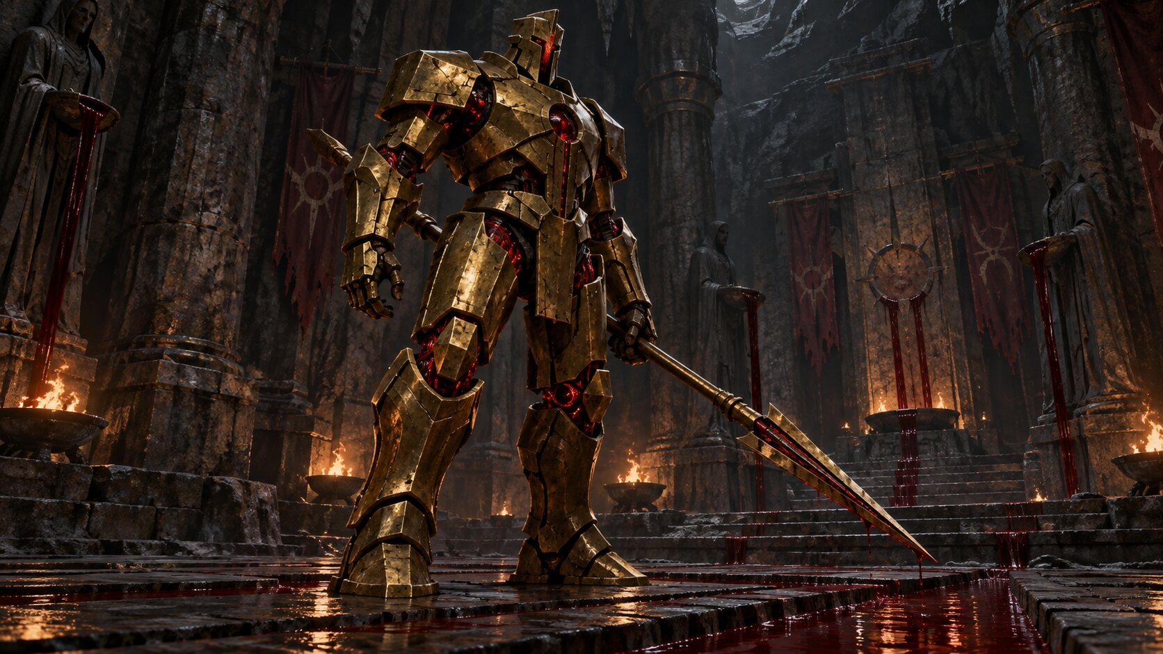A towering blood-powered brass guardian carrying a long brass spear in the temple of Laogzed