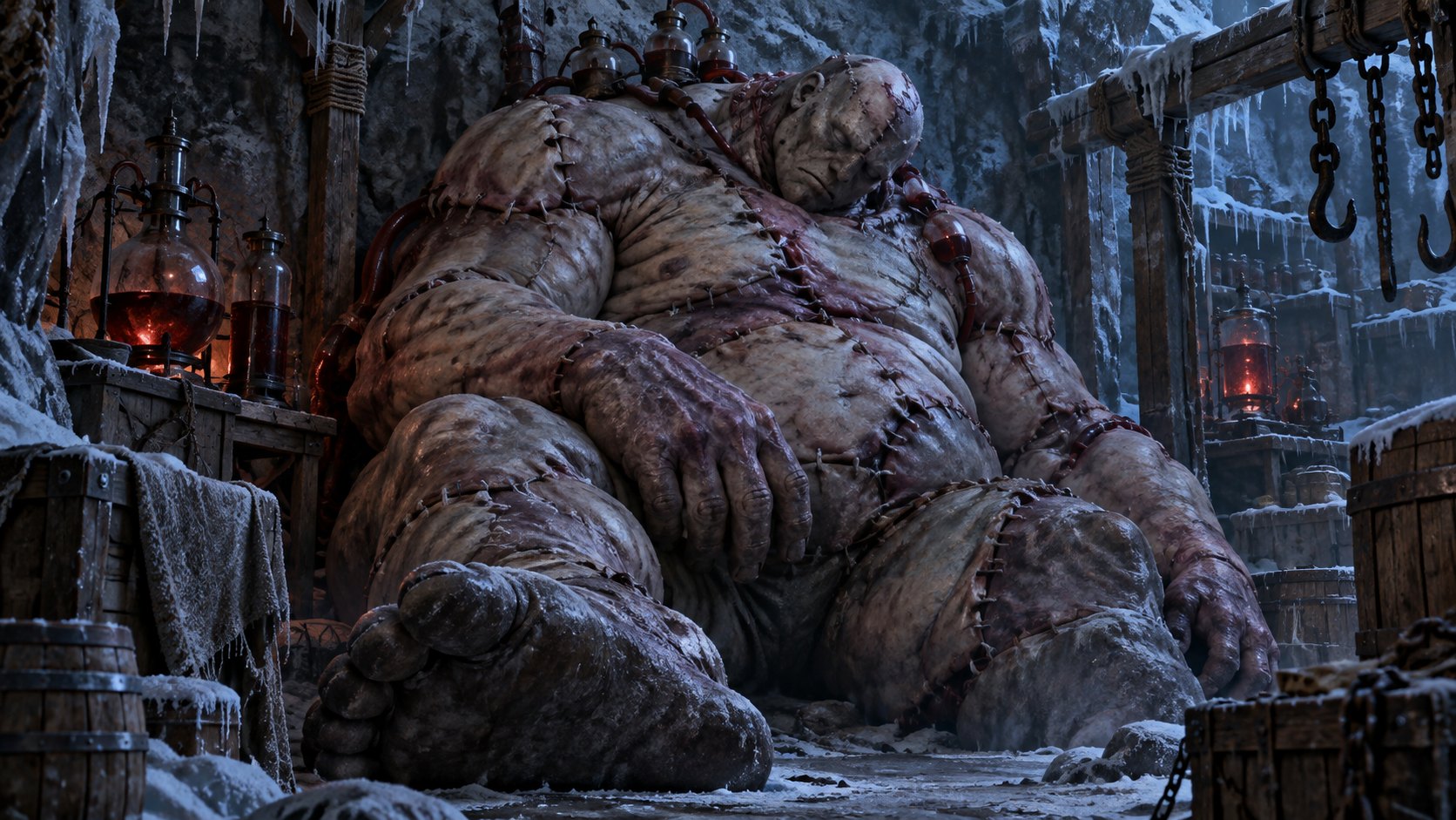 A huge stitched flesh golem sleeps alone in a frost-covered alchemical alcove