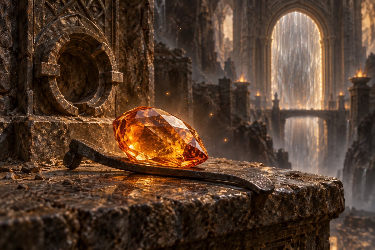 An amber-orange portal gem beside its empty socket and Asuran's small iron jimmy