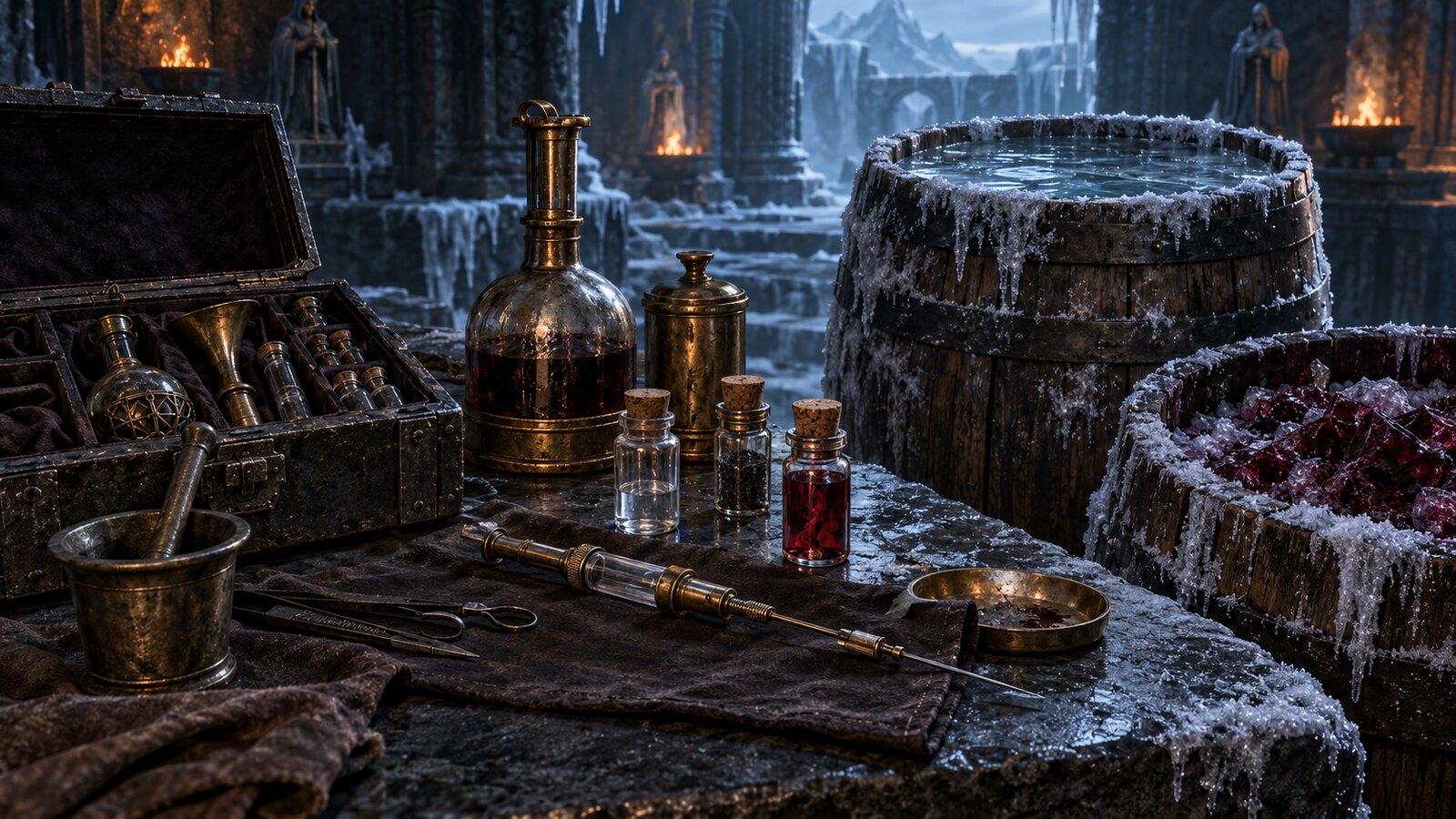 A fantasy chemical kit, hollow extraction tube, vial of blood-elemental essence and frost-covered barrels
