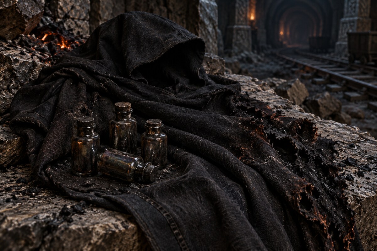 A half-burnt black Drow cloak with four smoke-blackened but intact vials beside a dwarven rail tunnel