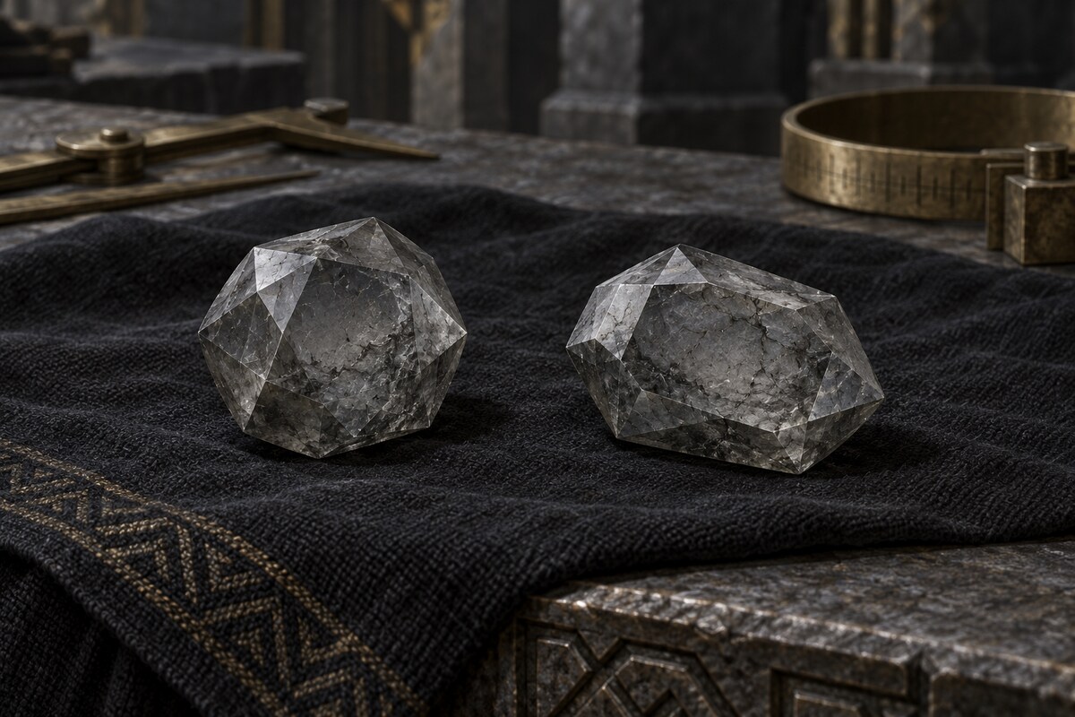 Two dull fractured grey divine-linked gems resting on a dark cloth after testing