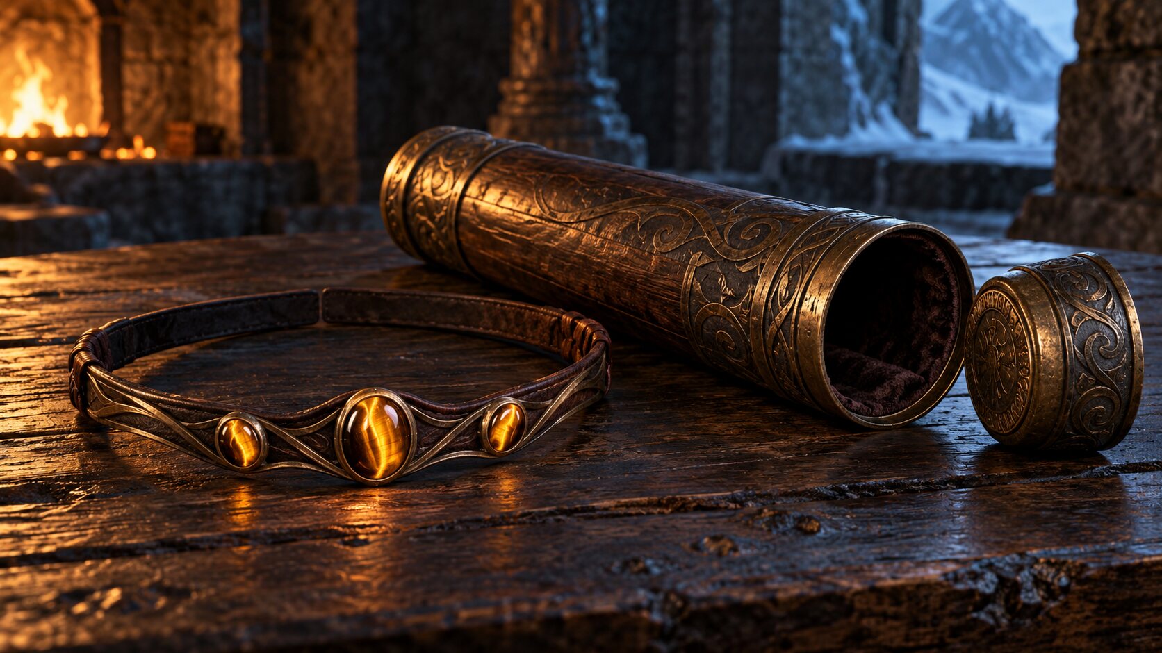 The tiger-eye headband beside its protective tube
