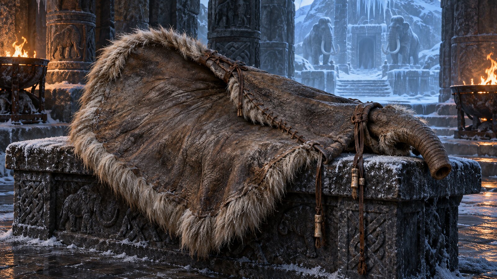 A rugged cloak made from an enormous fur-edged mammoth ear in the frozen temple