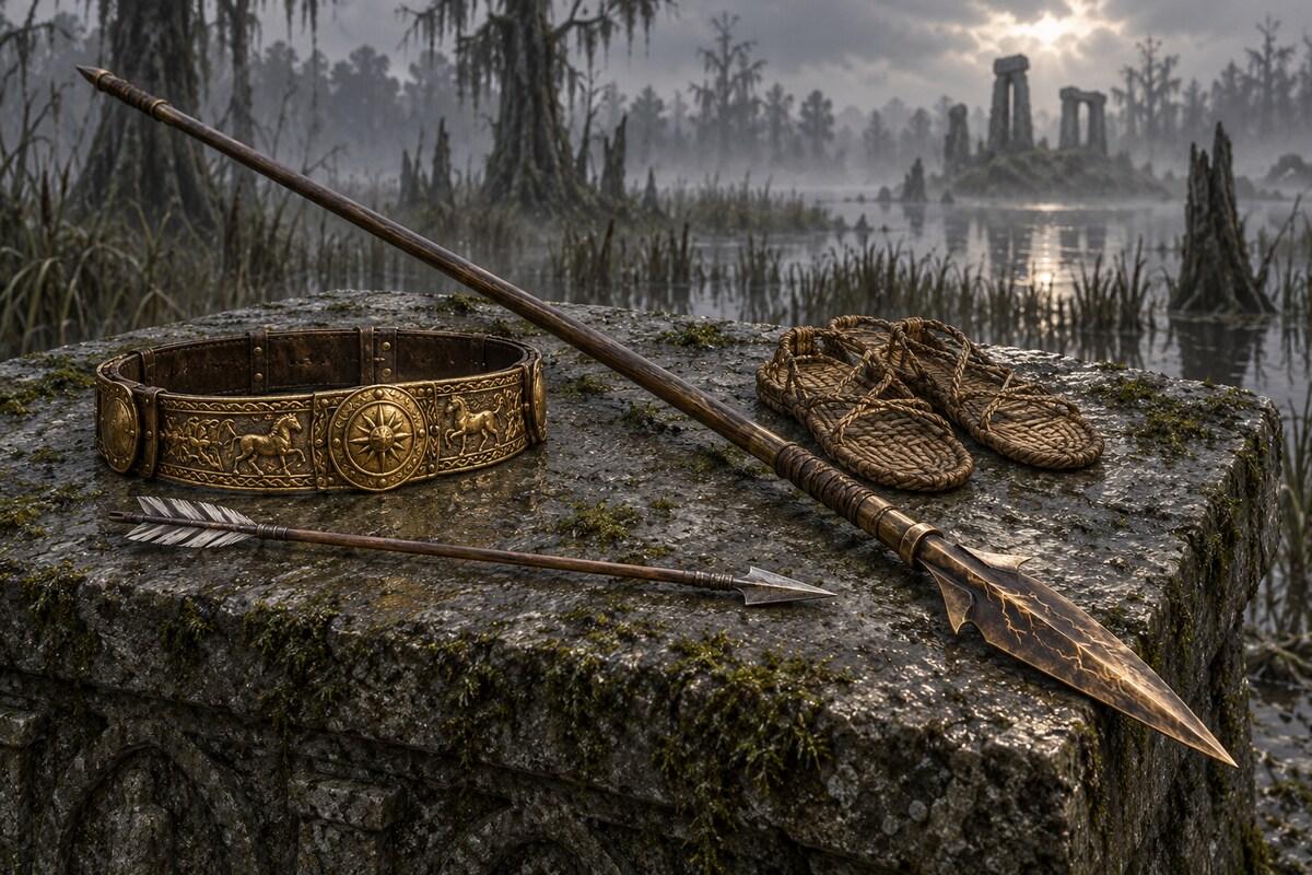 The golden belt, silver-fletched arrow, reed sandals and bronze spear arranged on a swamp altar