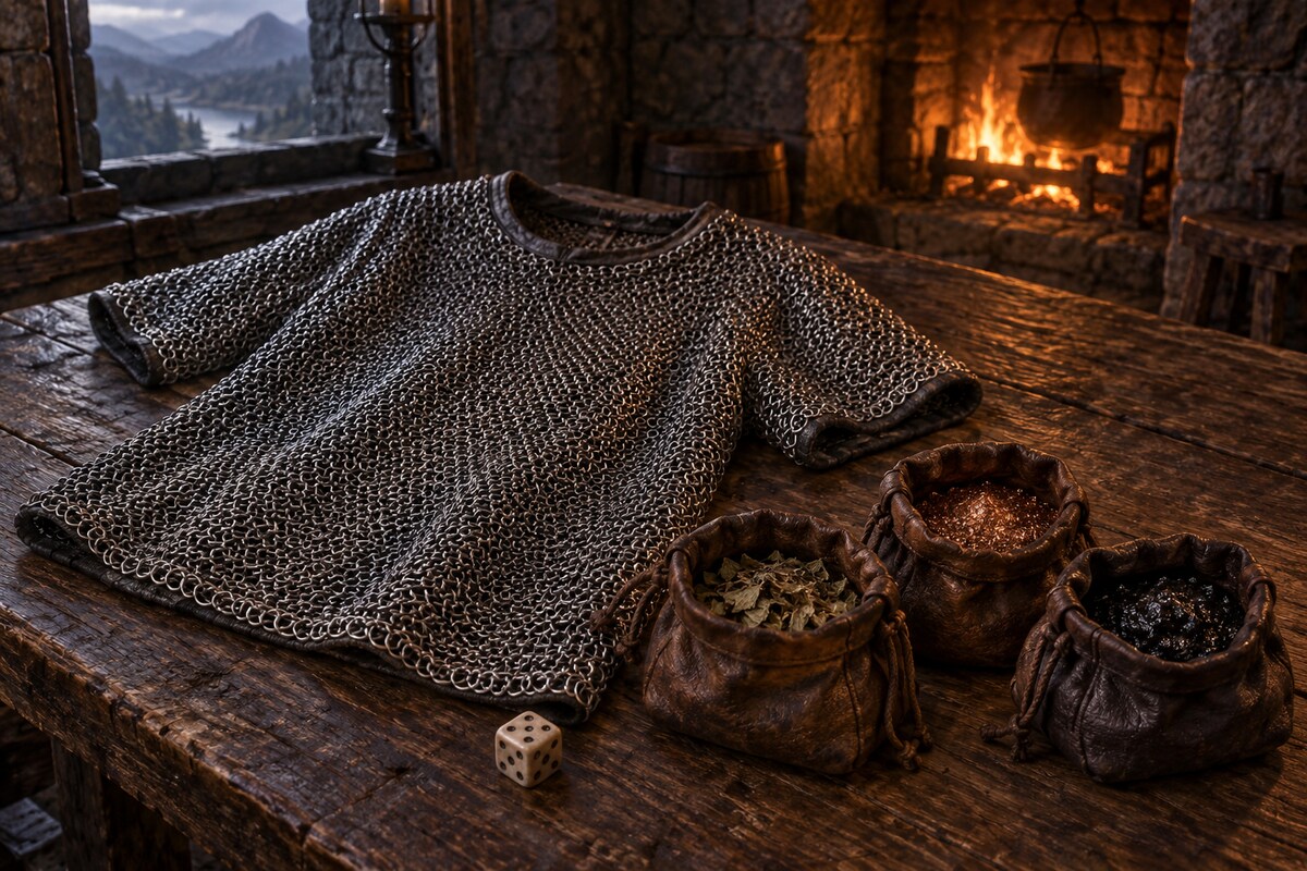 Toby's elven chainmail shirt, Halen's bone die and three pouches of the druid's mixtures