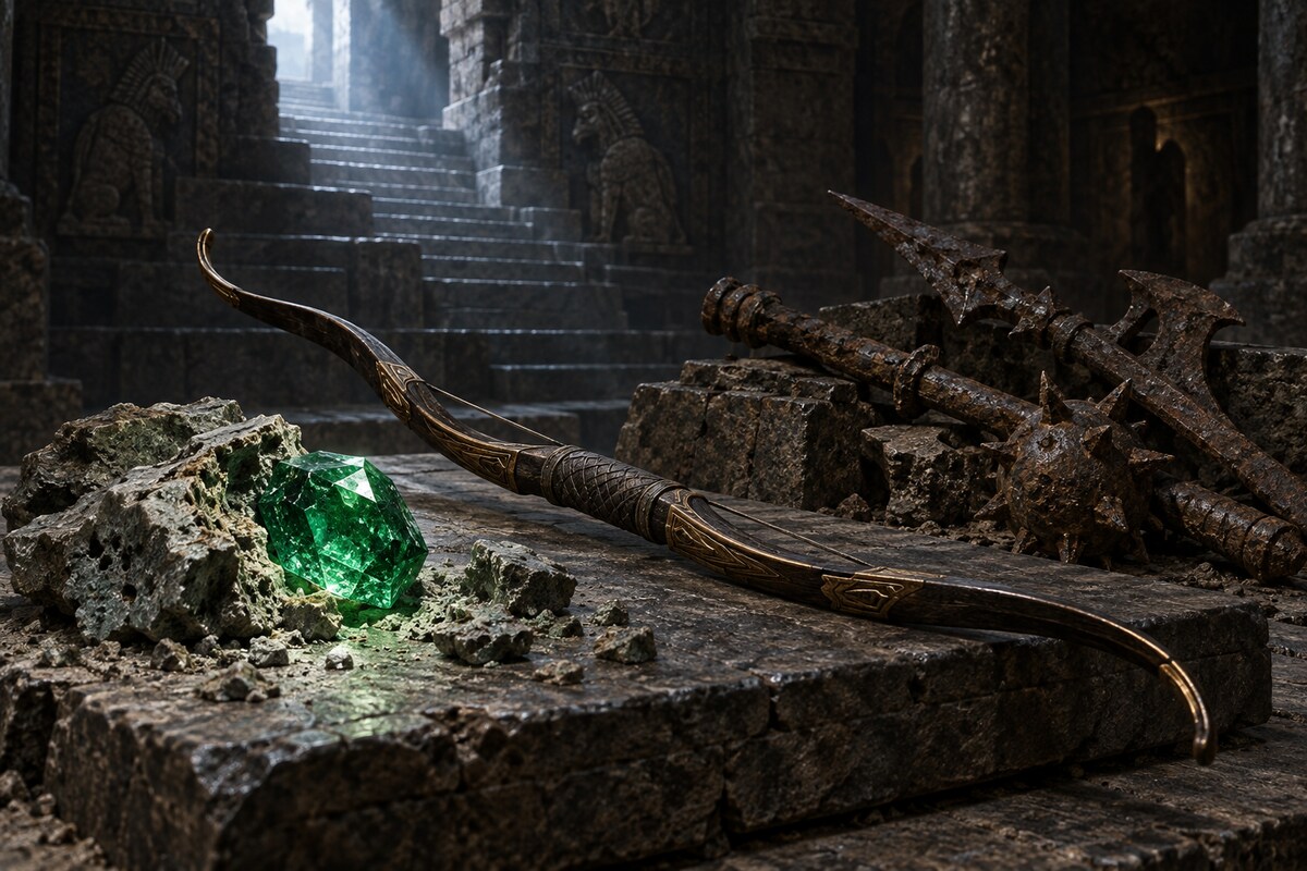 A green divine-linked gem, intact ancient bow and weathered guardian weapons in the ziggurat tomb