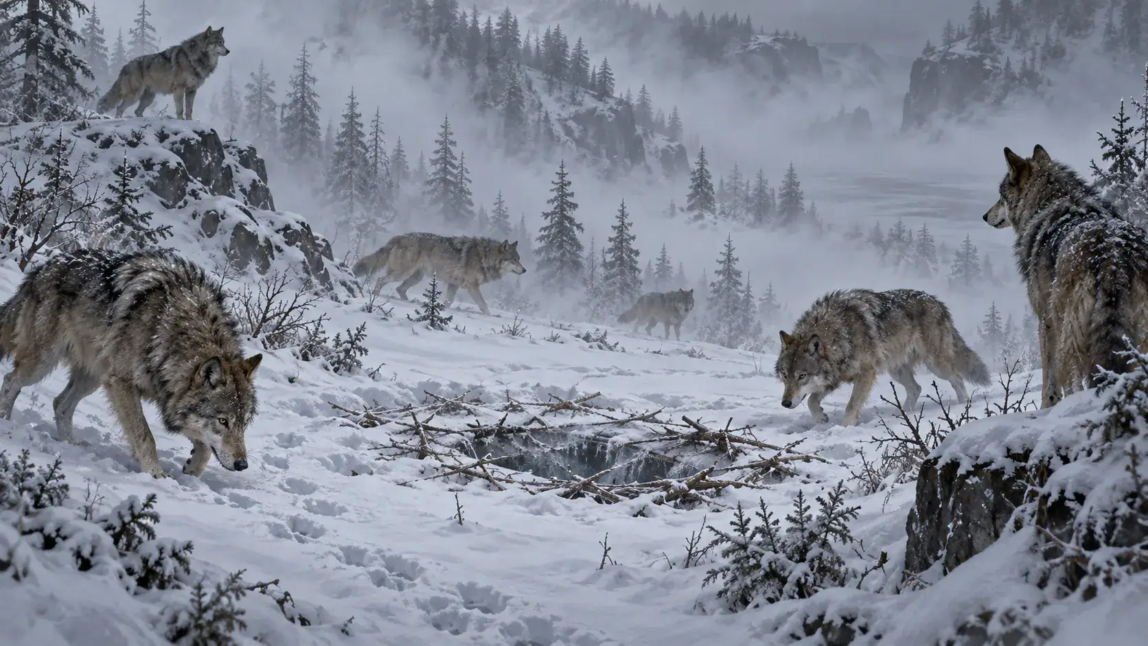 Ordinary grey and brown wolves spread around a concealed pit in a snowy forest, with lookouts holding the high ground