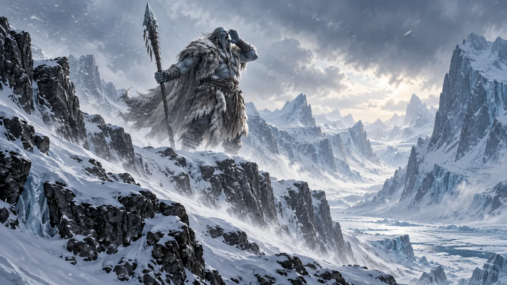 Interpretive view of a colossal frost giant hunter calling across a snowy glacial pass