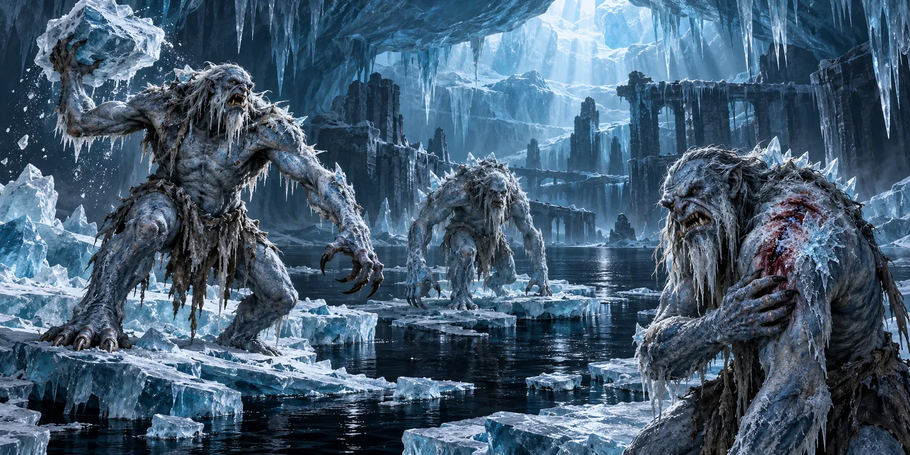 Three clawed ice trolls occupy frozen lake floes beneath a glacier, one lifting ice to throw while another bears a healing wound