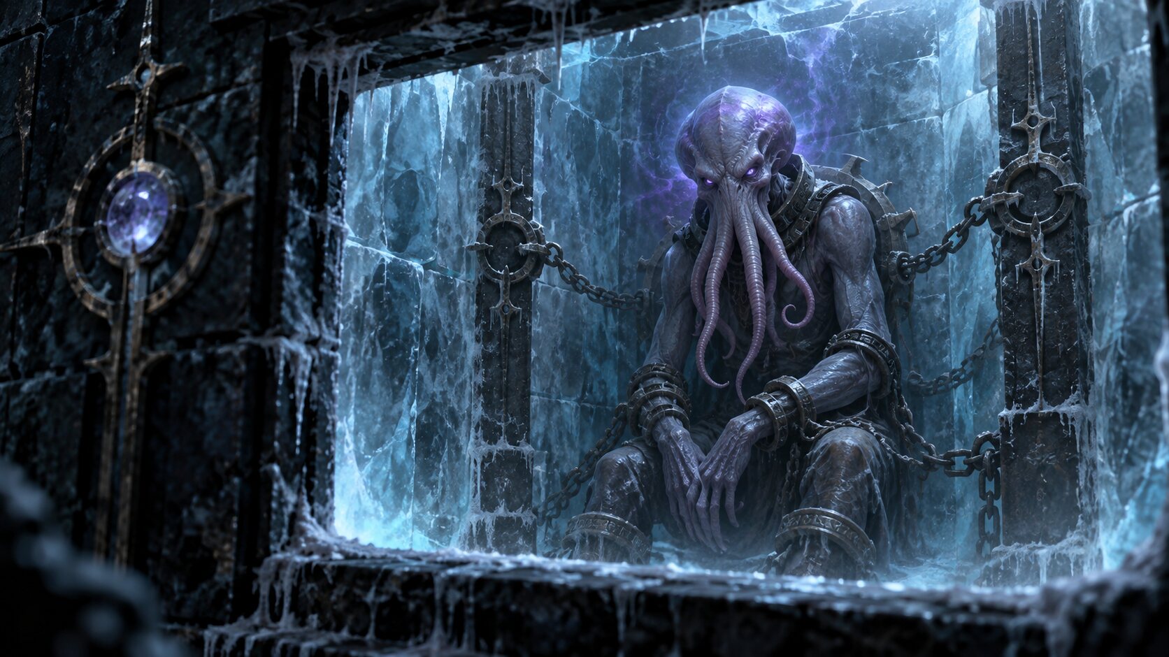 An imprisoned illithid communicates telepathically from a sealed glacial cell