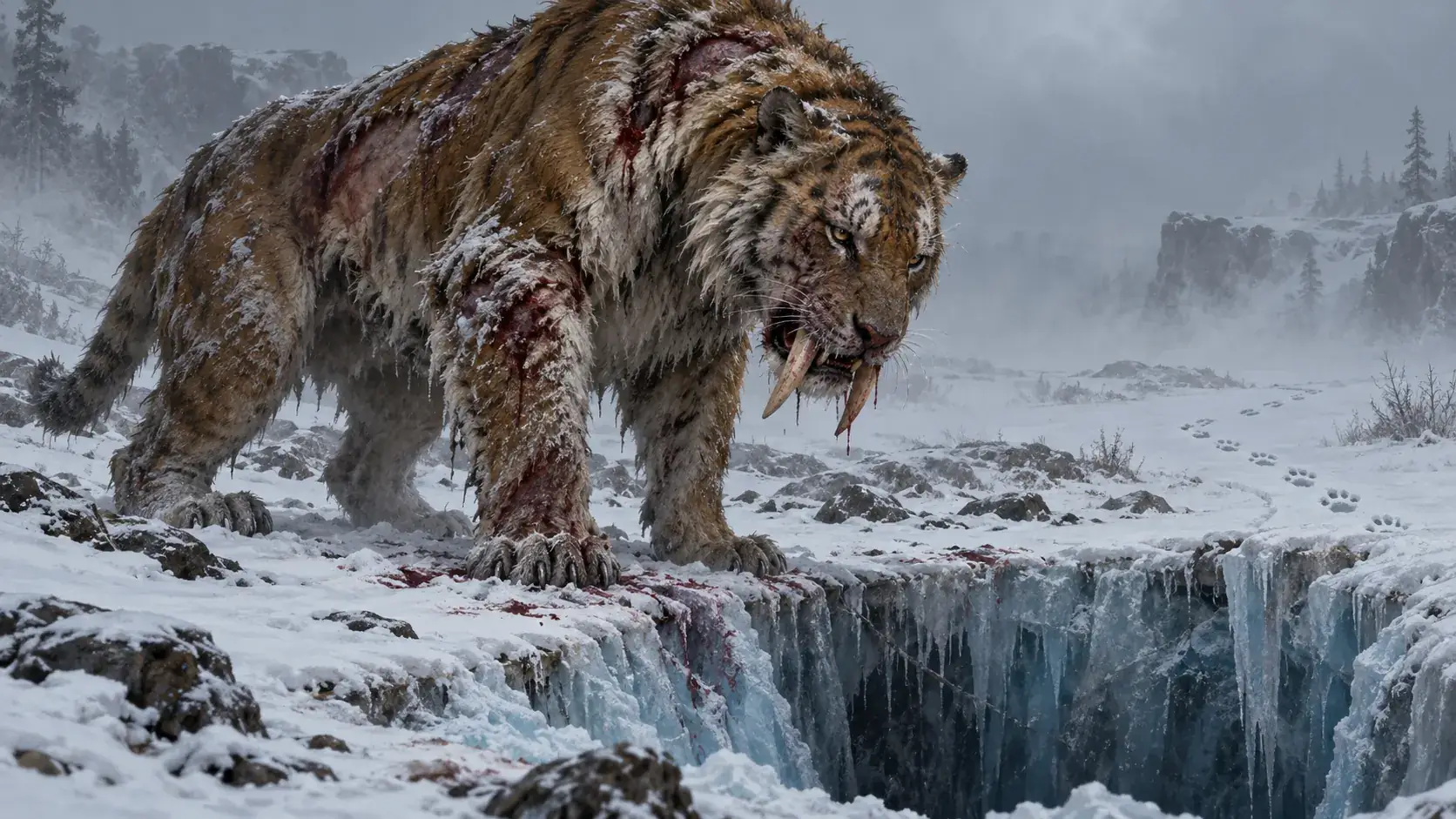An enormous wounded sabre-toothed tiger with long upper canines stands beside an ice-lined pit in the snow