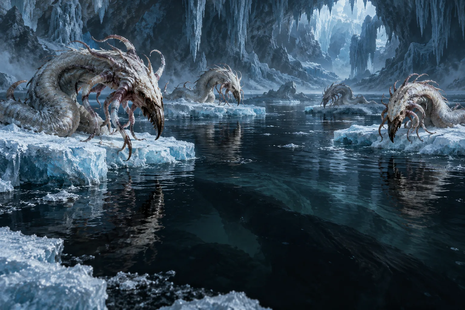 Several pale tentacled Sea Gricks poised on ice floes above dark water beneath the glacier