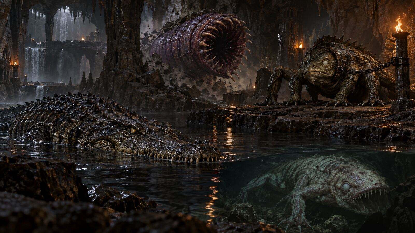 A giant crocodile, purple worm, chained basilisk and pale diseased water creature in a cavern
