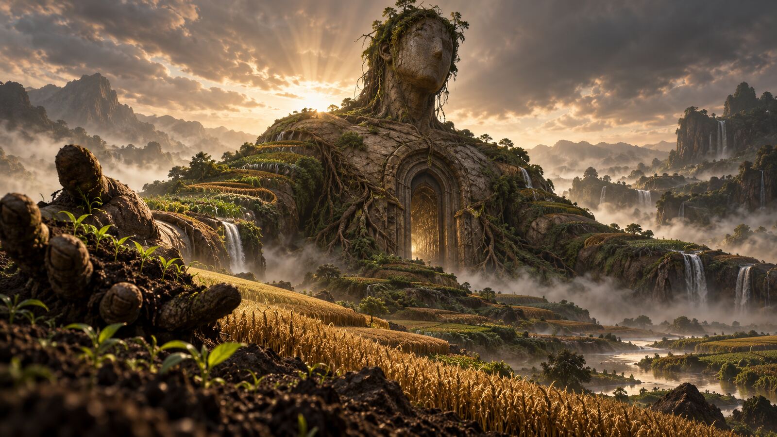 A faceless primordial power of stone merging with fertile fields