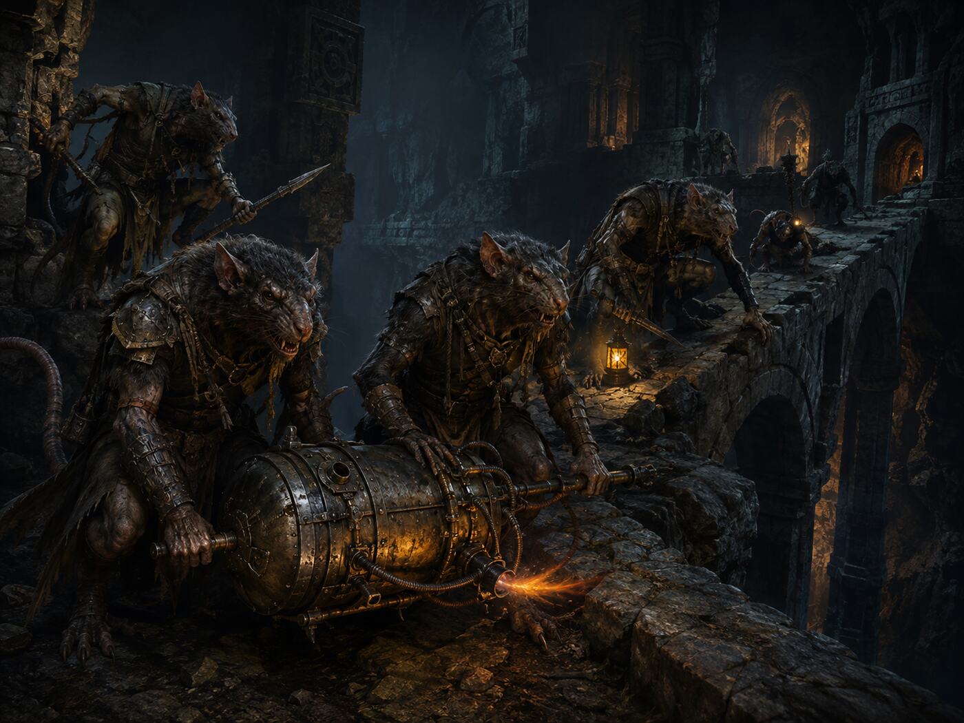 Ratmen with their alchemical device on the dwarven bridge before the battle