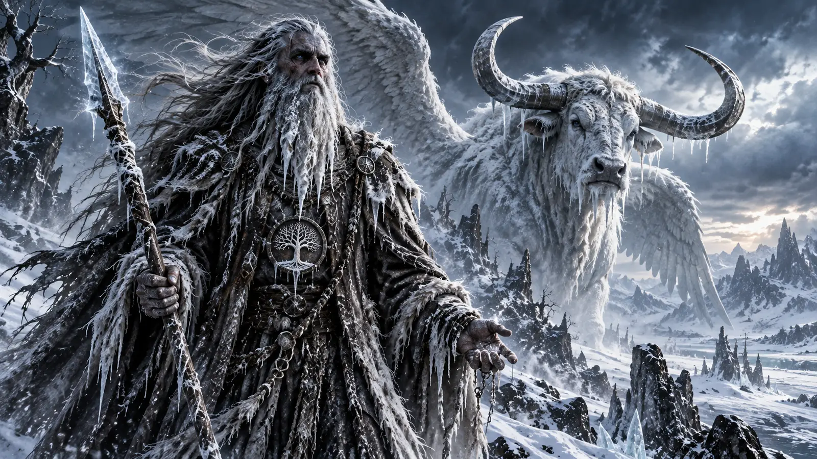 Telchur, the gaunt Frostfather, standing beside a colossal winged bull of living ice in the frozen mountains